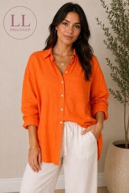 M&S Pure Linen Button Front Shirt Women’s Size 12 US Orange lagenlook